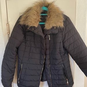 Black puffer jacket with faux fur collar